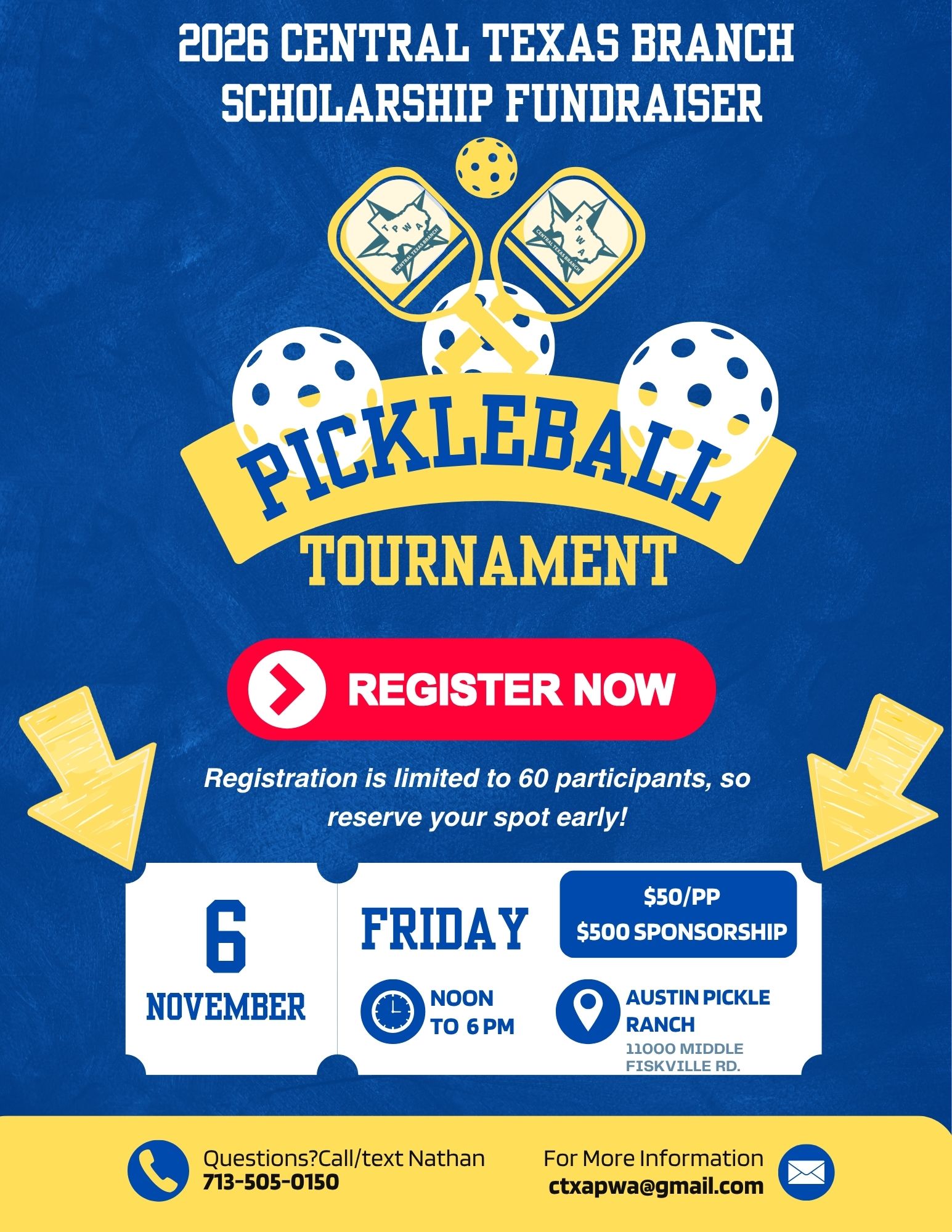 Official Central Texas APWA 2026 pickleball scholarship fundraiser flyer, November 6 at Austin Pickle Ranch